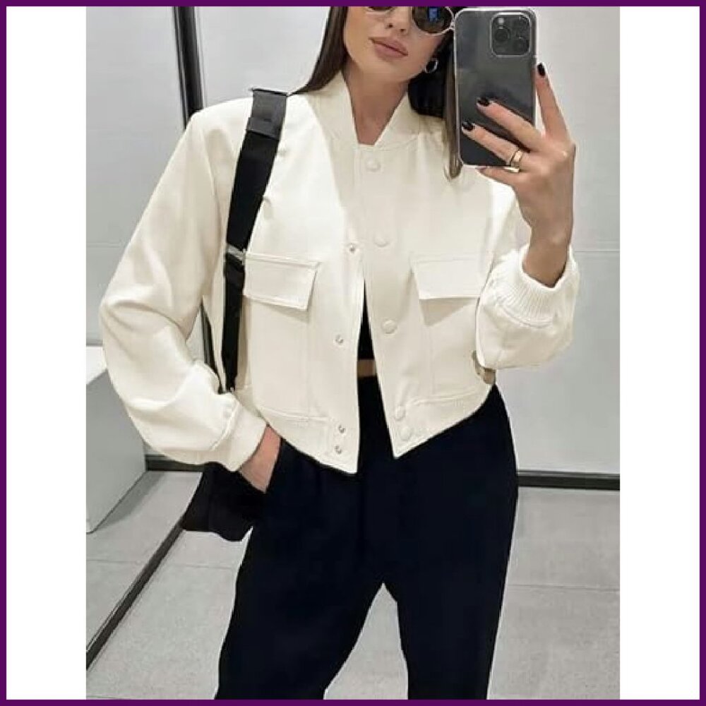 Cropped Bomber Jacket Button Down Varsity Shacket… - image 4